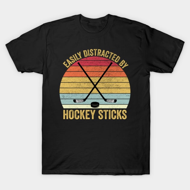 Easily Distracted By Hockey Sticks Funny Ice Hockey T-Shirt by DragonTees